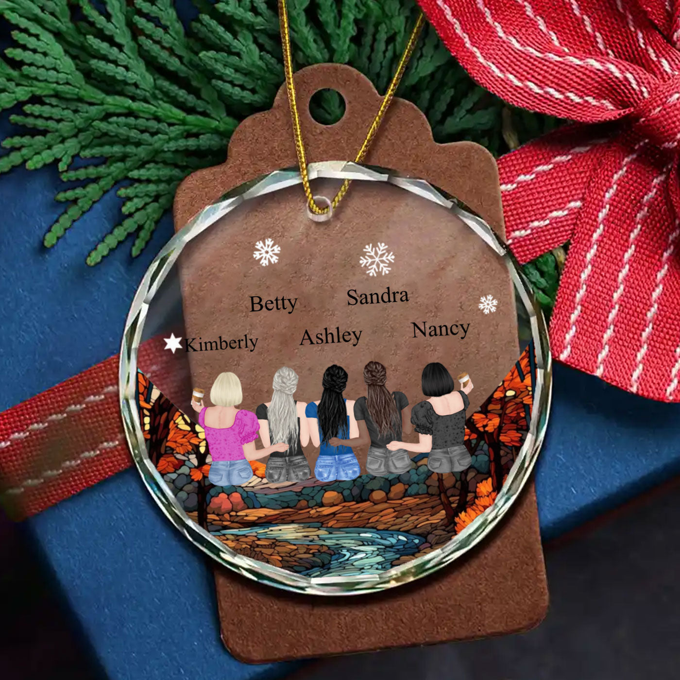 Customizable Crystal Glass Ornament for Sisters, Co-Workers, or Besties | 2-5 Figures with Names